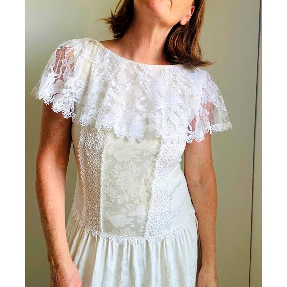 VTG 80s Jessica McClintock Silk Dress Cream White Lace Modern SZ 6-8 Coquette - Picture 1 of 14